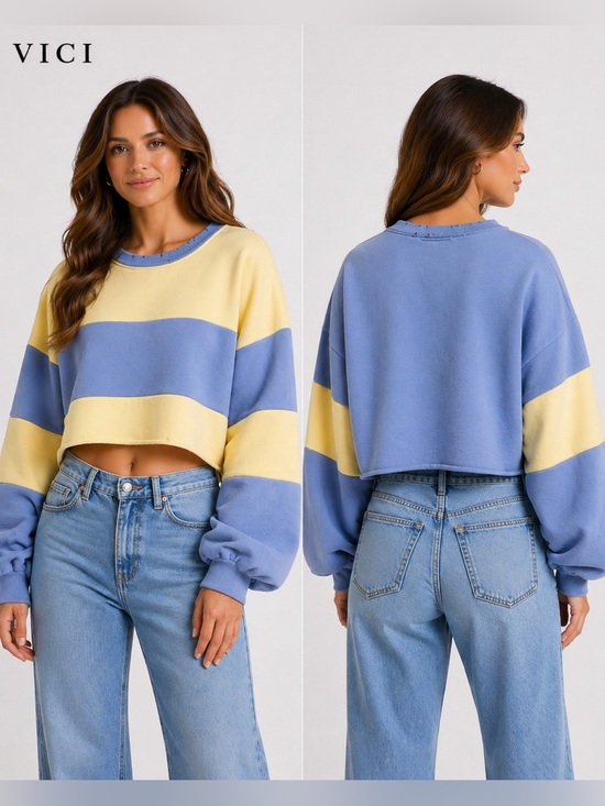 Vici Tops - VICI Colorblock Cropped Sweatshirt Women’s‎ Medium Blue Yellow Balloon Sleeve